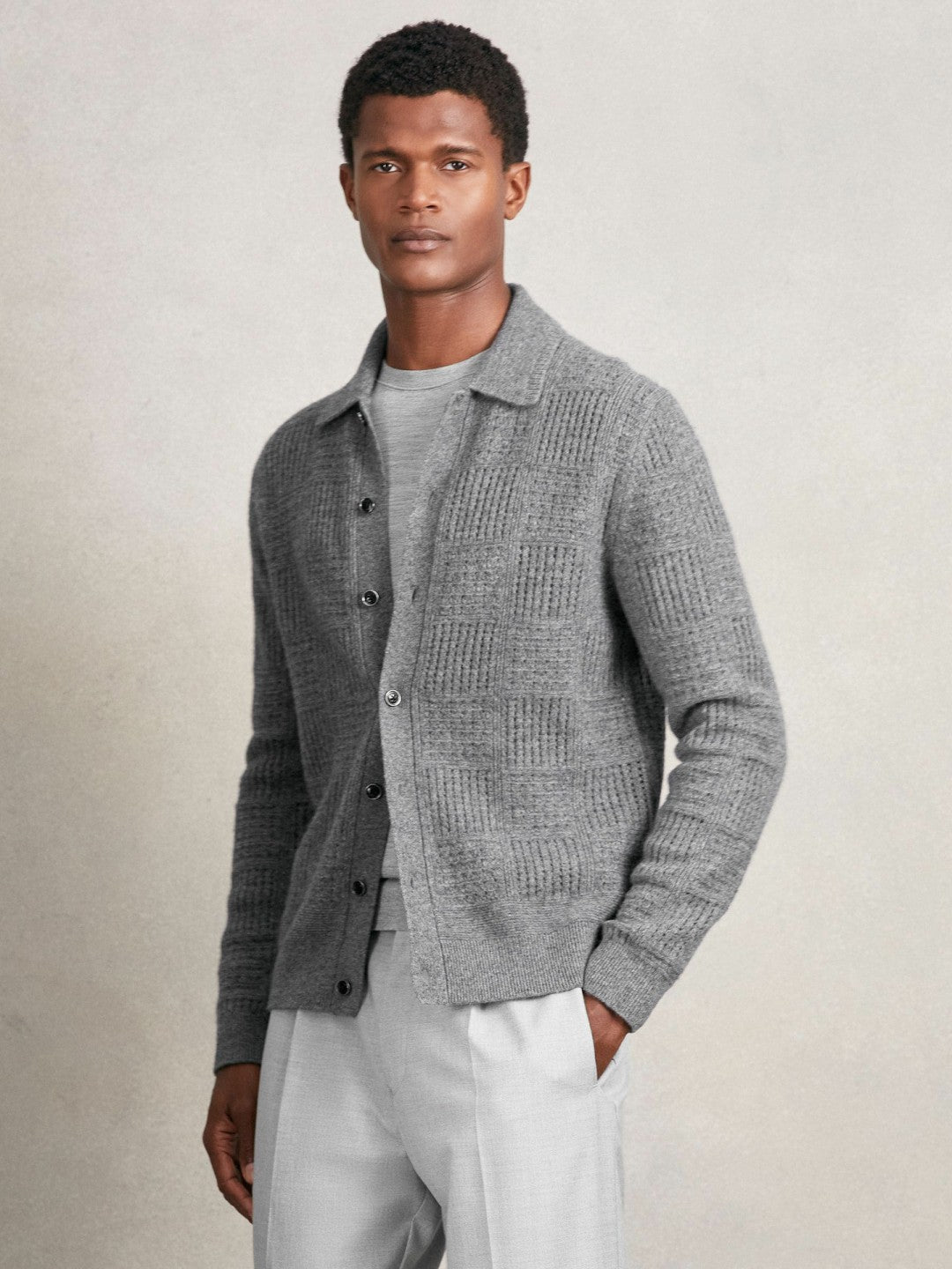 Wool Button Through Pointelle Shirt in Mid Grey