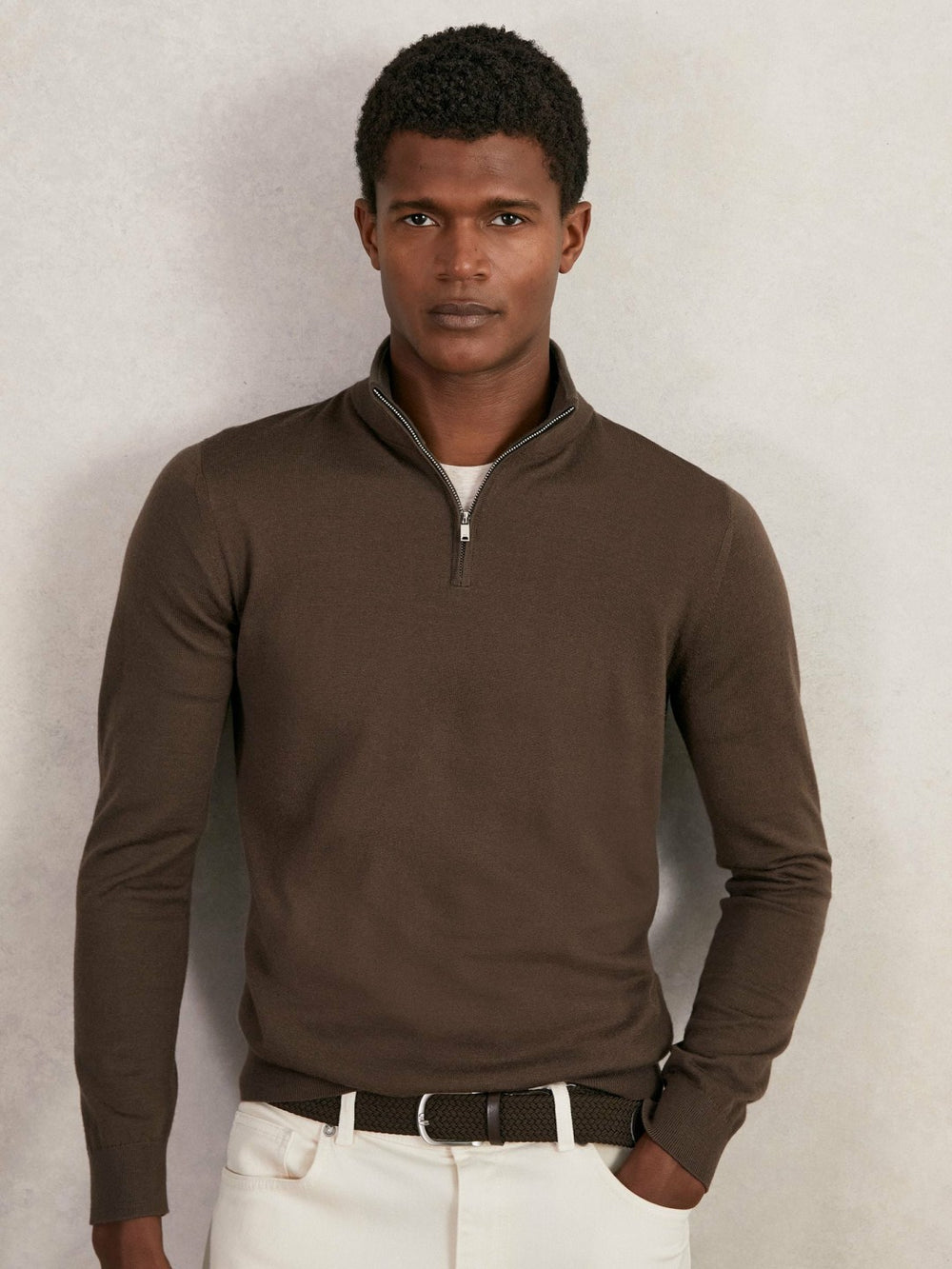 Merino Wool Half-Zip Jumper in Chocolate Brown