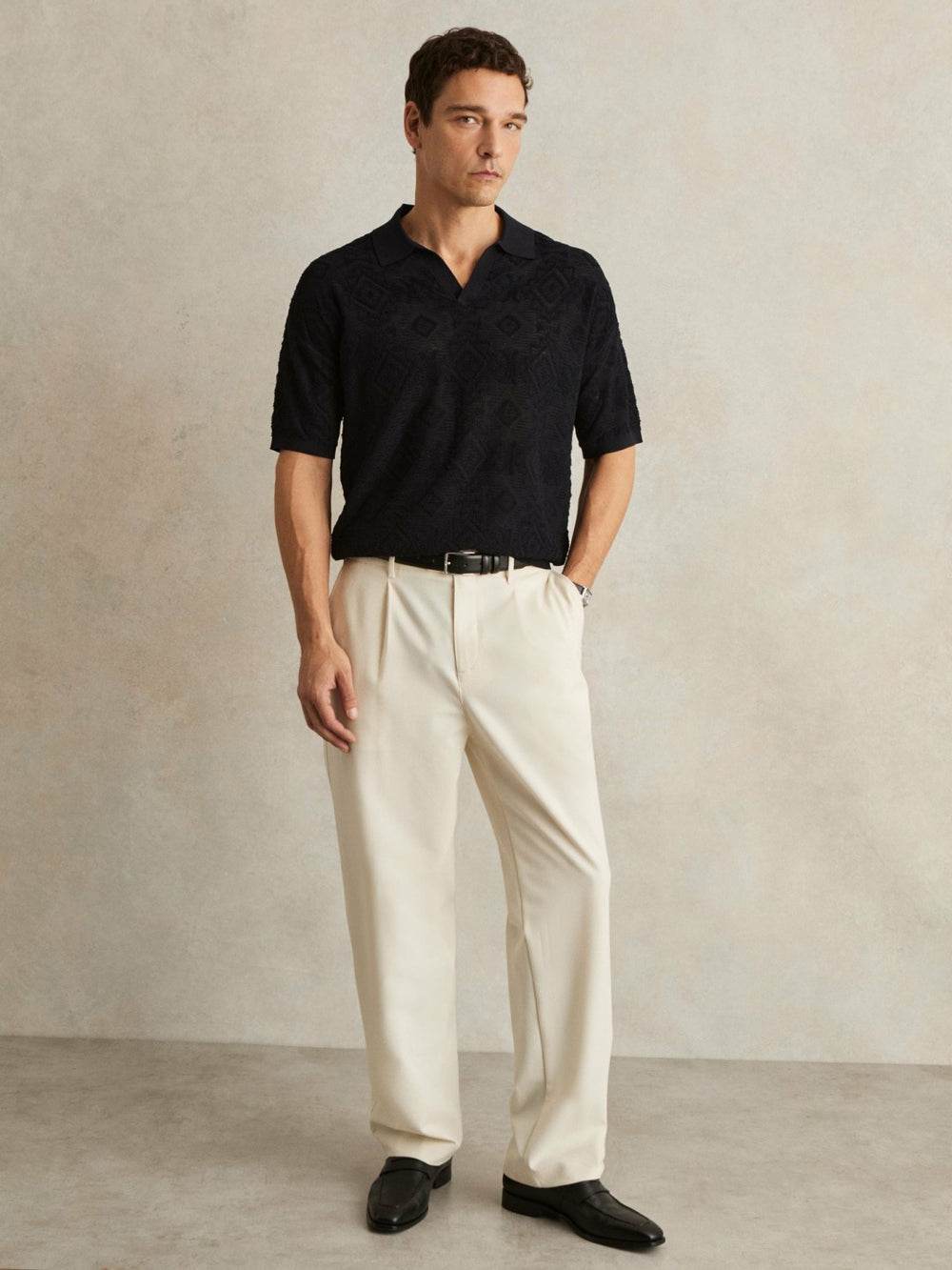 Jacquard Loop-Stitch Polo Shirt in Navy