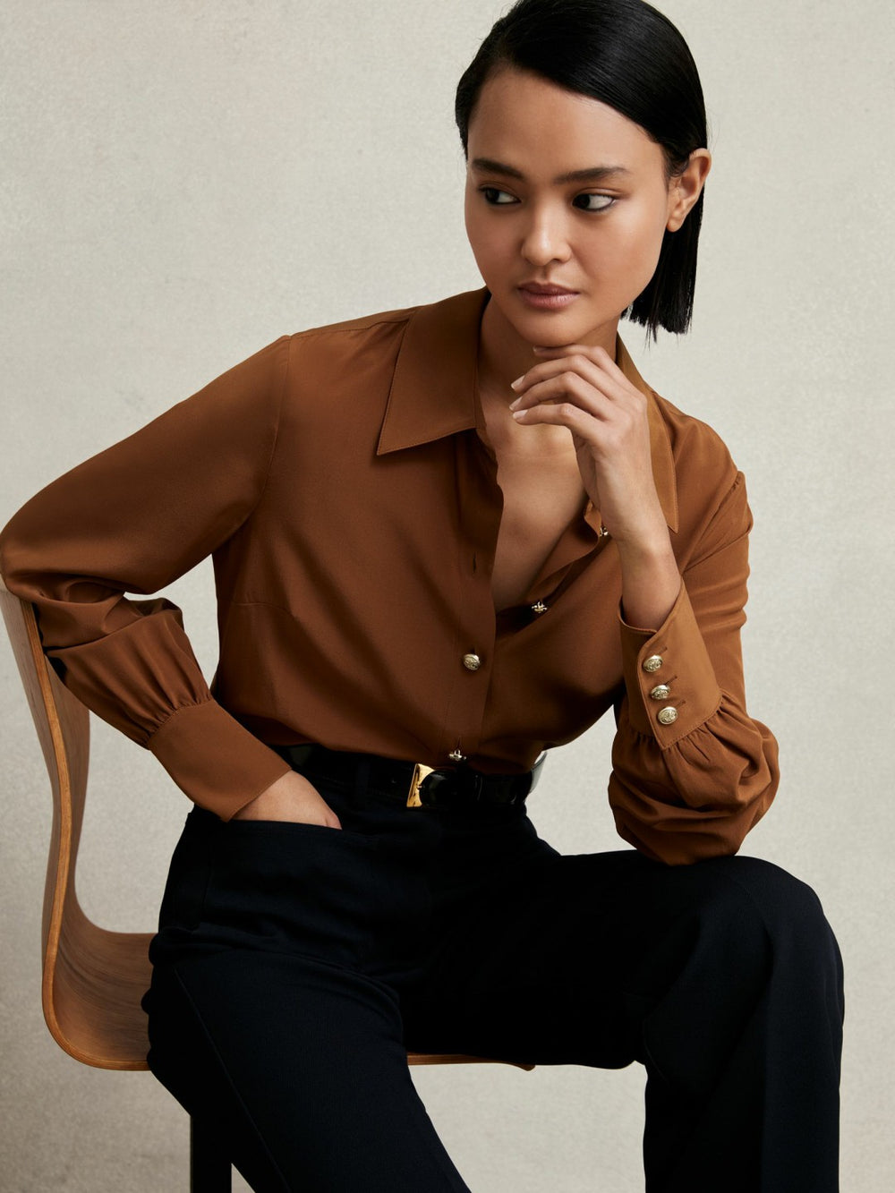 Silk Embossed-Button Shirt in Tan Brown