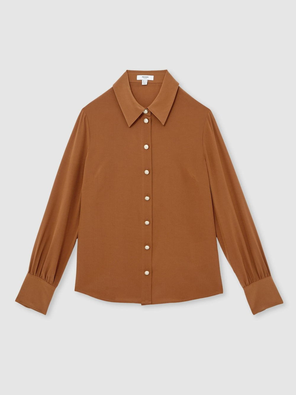 Silk Embossed-Button Shirt in Tan Brown