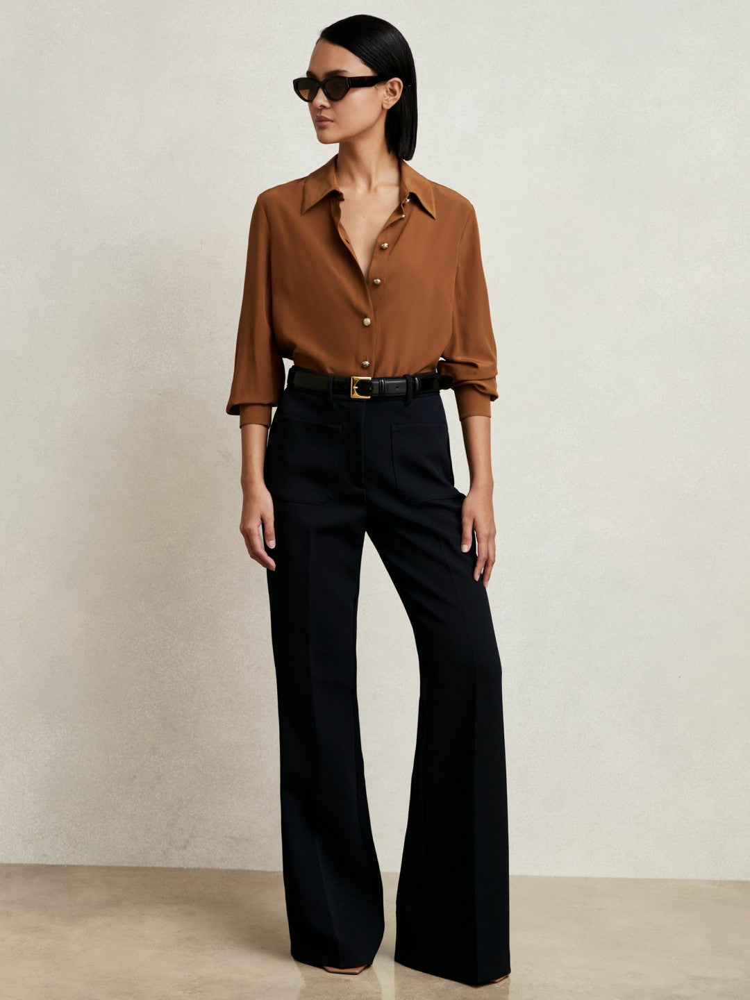 Silk Embossed-Button Shirt in Tan Brown