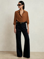 Silk Embossed-Button Shirt in Tan Brown