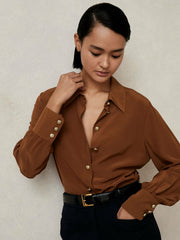 Silk Embossed-Button Shirt in Tan Brown