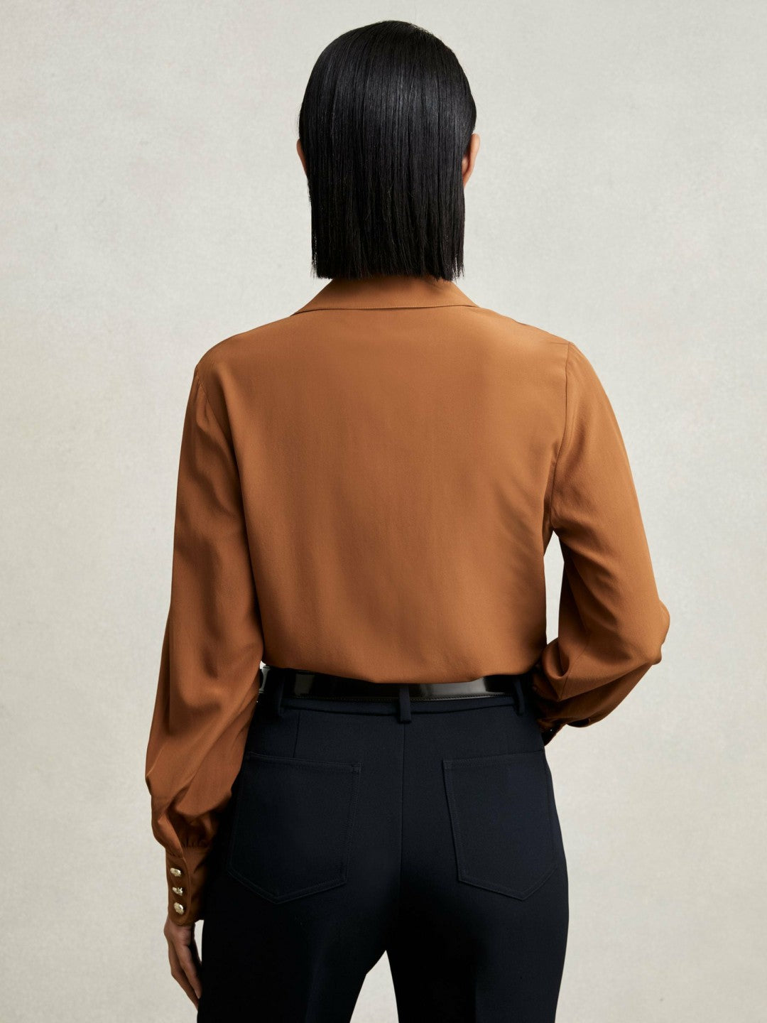 Silk Embossed-Button Shirt in Tan Brown