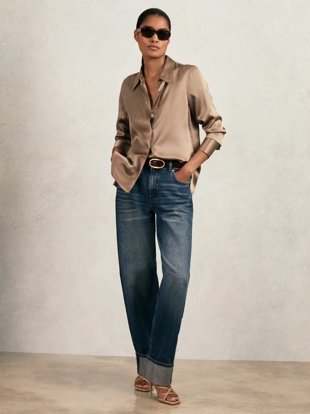 Silk-Satin Concealed-Placket Shirt in Taupe Brown