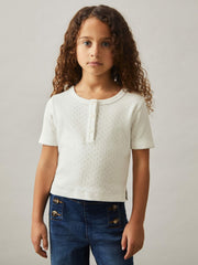 3-9 yrs Cotton Pointelle Button T-Shirt in Ivory