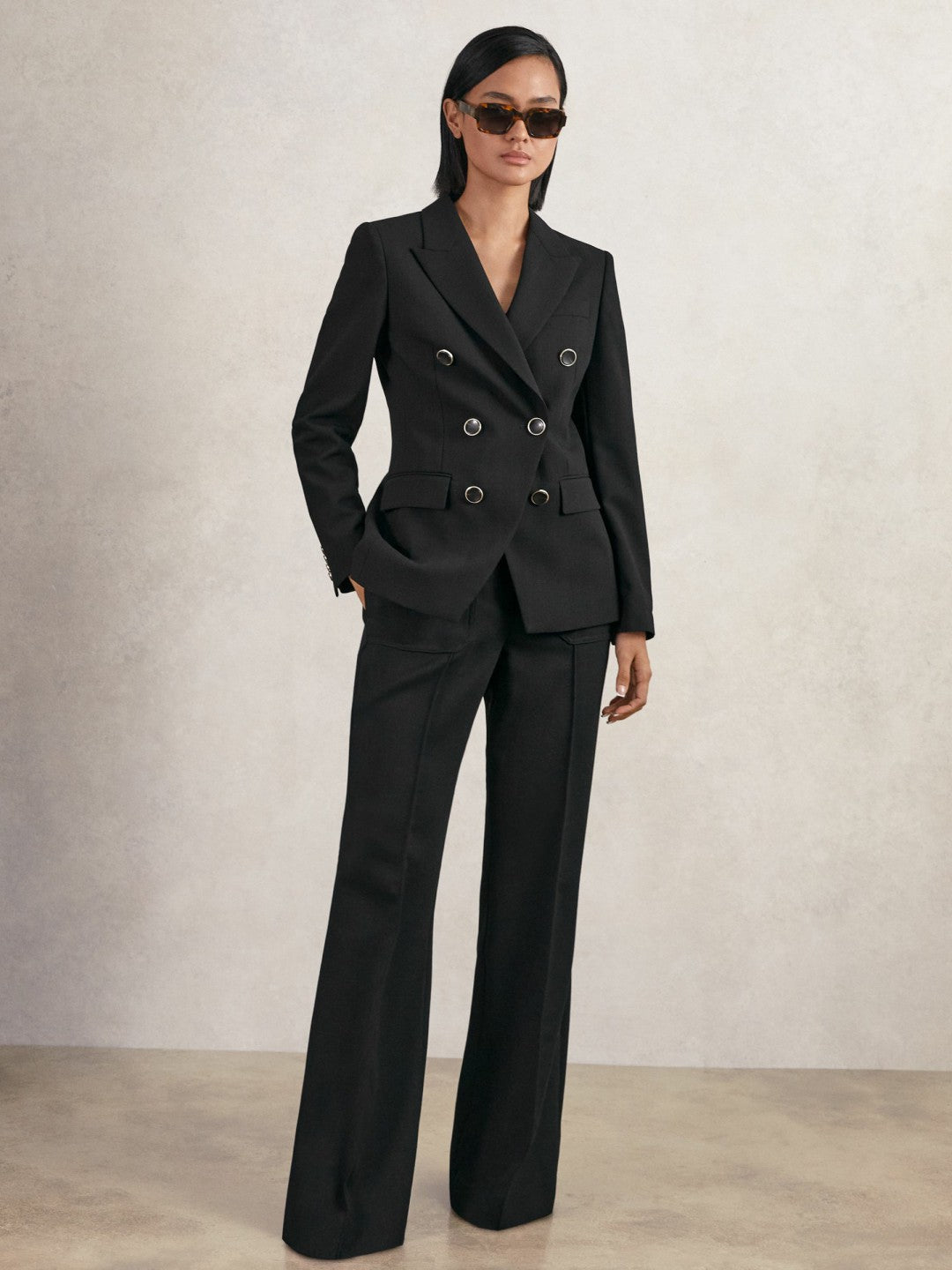 Wool-Blend Double-Breasted Blazer in Black