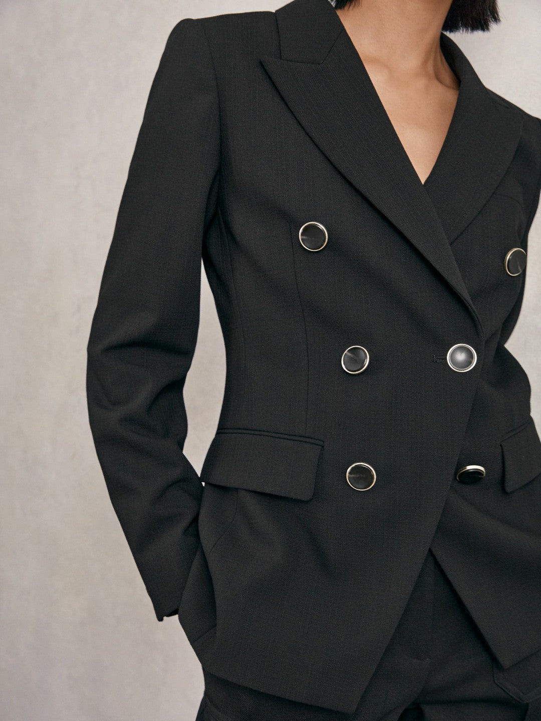 Wool-Blend Double-Breasted Blazer in Black