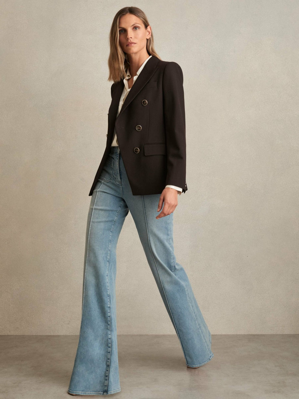 Wool-Blend Double-Breasted Blazer in Chocolate Brown