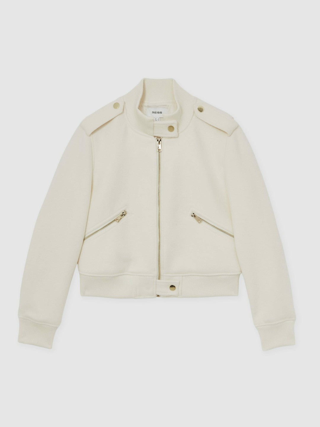 Brushed Wool Epaulette Bomber Jacket in Cream