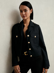 Wool Twin-Pocket Cropped Jacket in Black