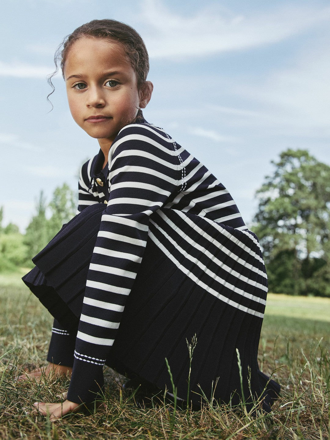 3-9 yrs Button-Detail Stripe Knitted Dress in Navy/White