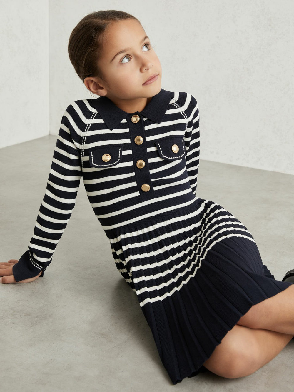 13-14 yrs Button-Detail Stripe Knitted Dress in Navy/White