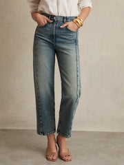 Petite Barrel-Leg Seam Jeans in Mid Blue