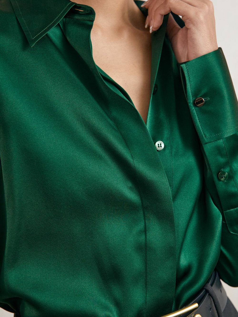 Silk-Satin Concealed-Placket Shirt in Green