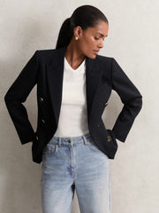 Petite Wool-Blend Double-Breasted Blazer in Navy