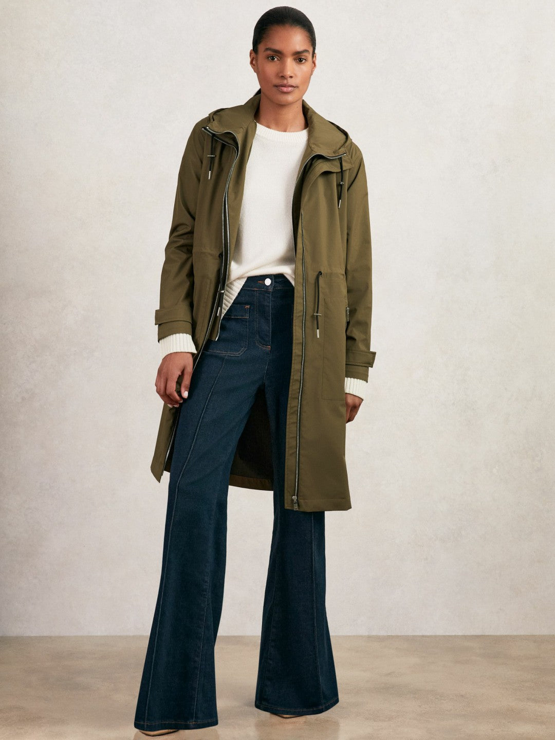 Petite Removable-Hood Parka Rain Coat in Khaki