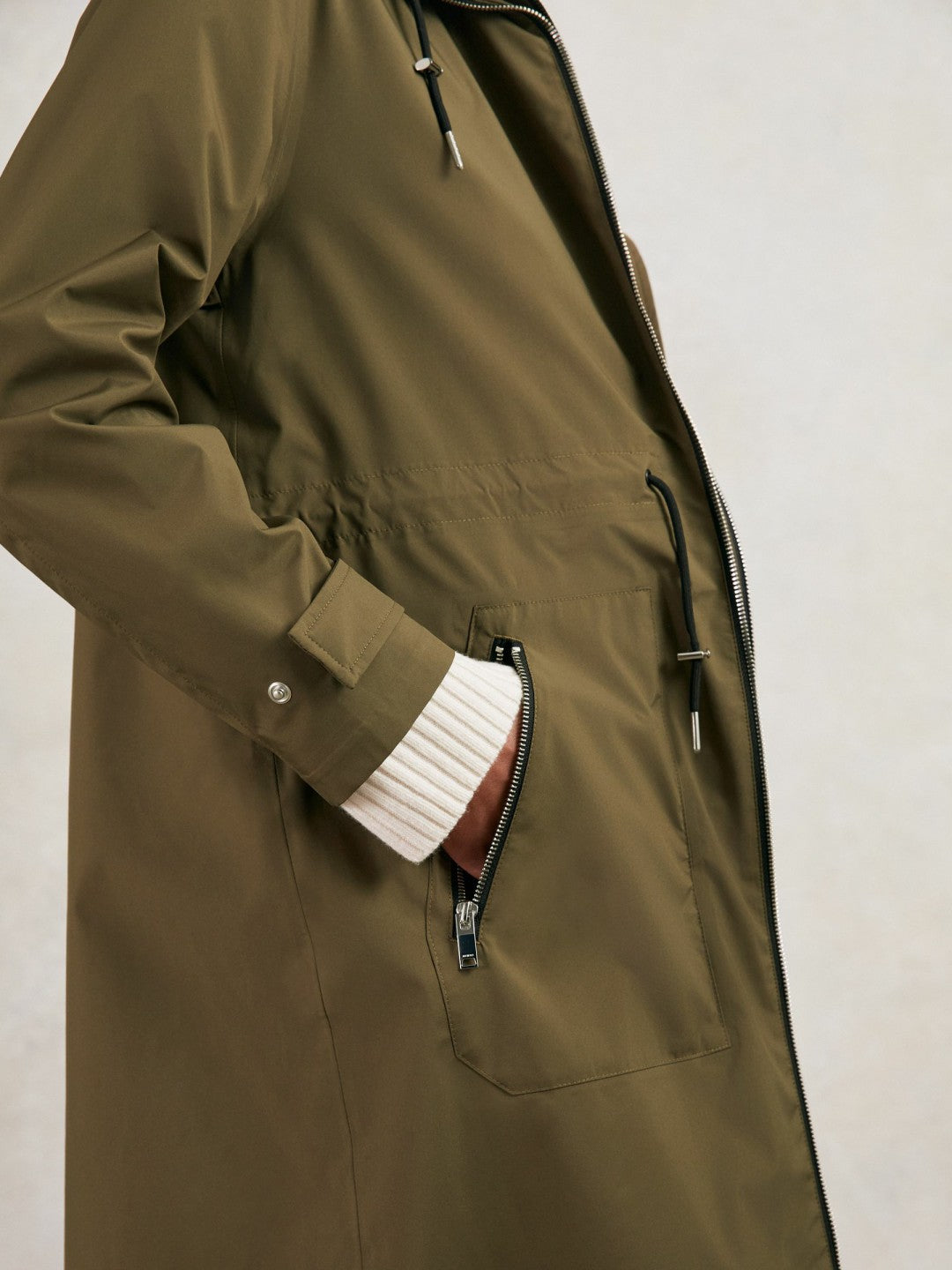 Petite Removable-Hood Parka Rain Coat in Khaki