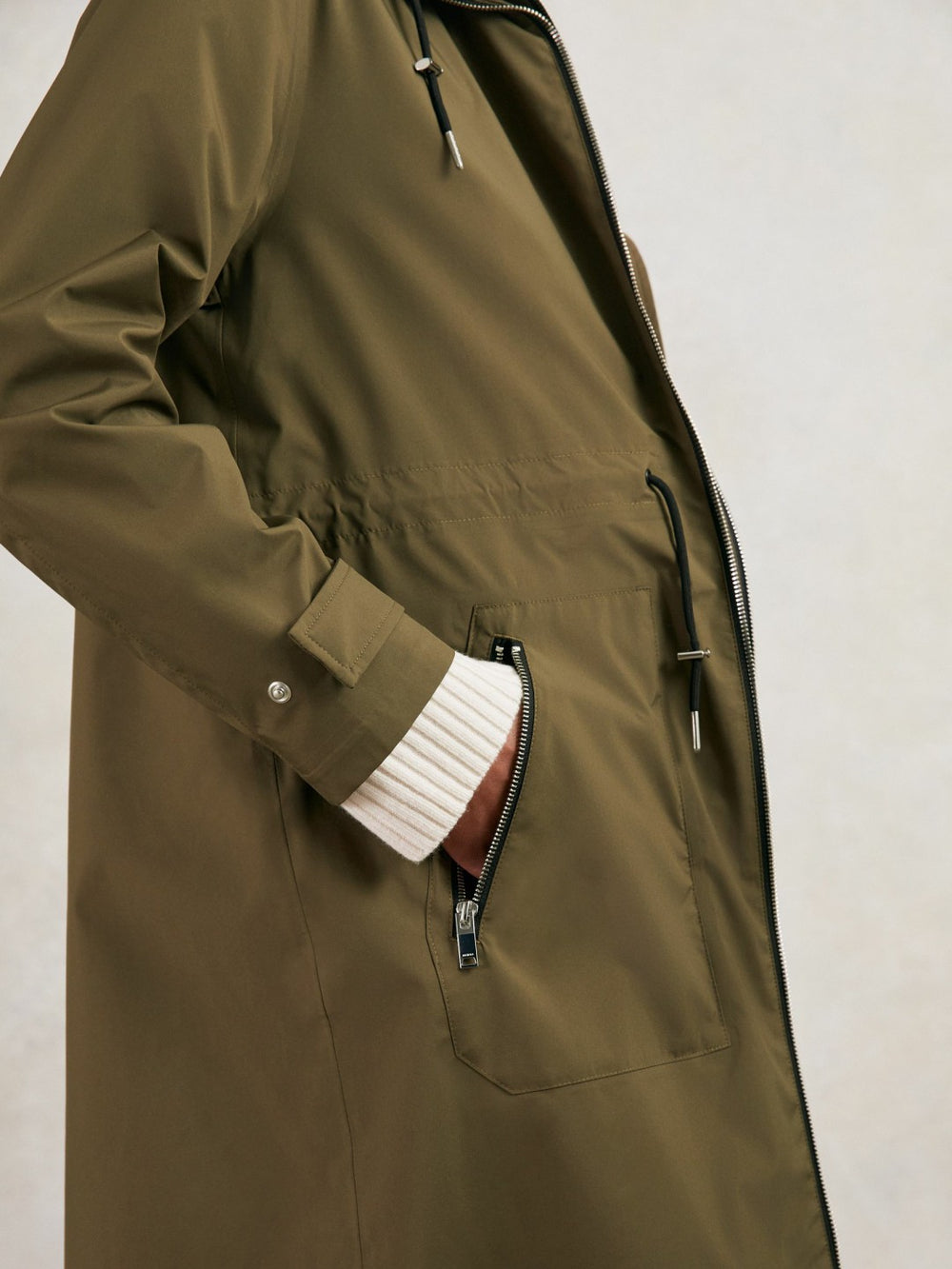 Petite Removable-Hood Parka Rain Coat in Khaki