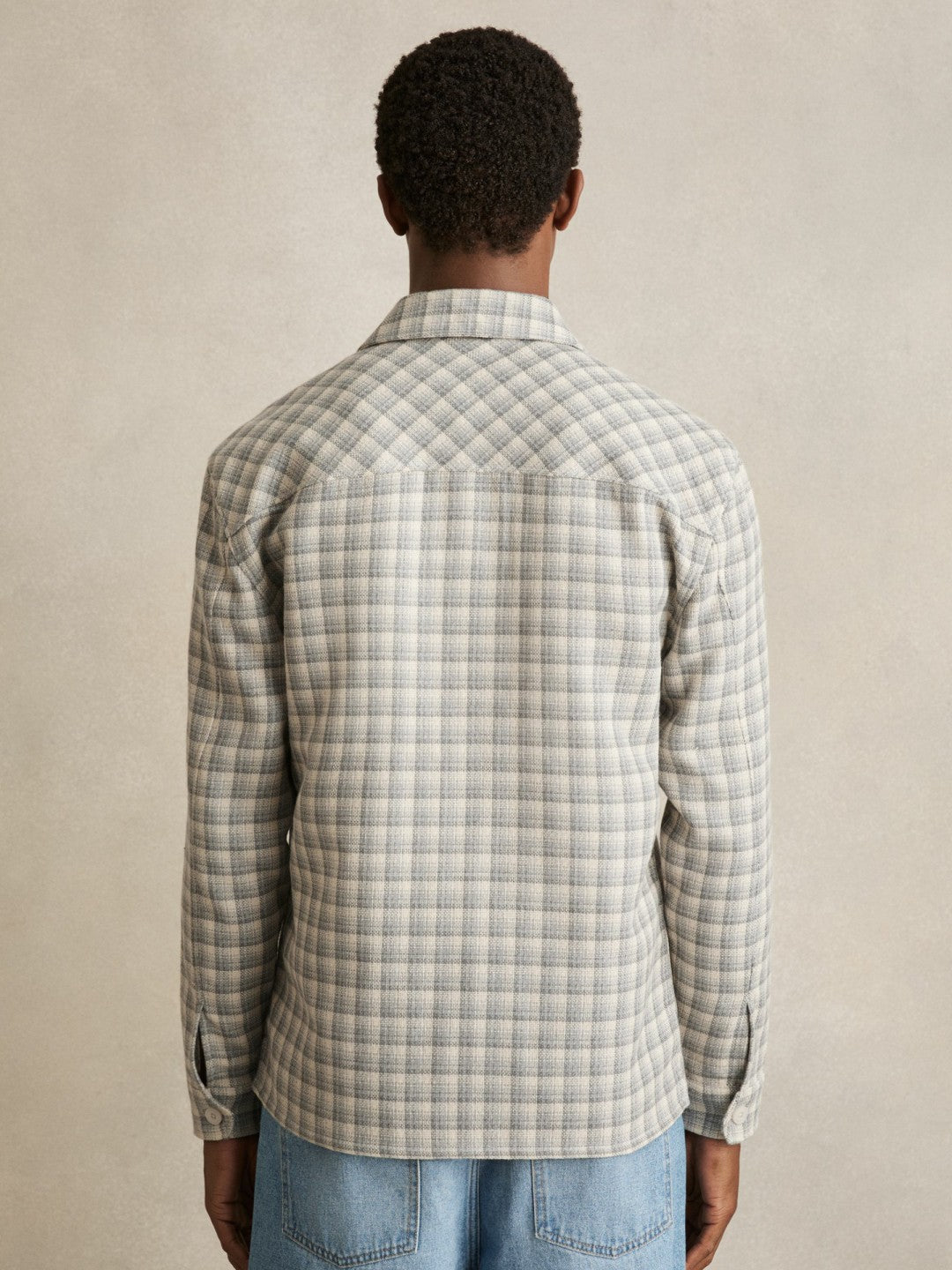 Woven Check Twin Pocket Overshirt in Light Grey