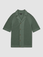 Cotton Textured-Knit Cuban-Collar Shirt in Pine Green