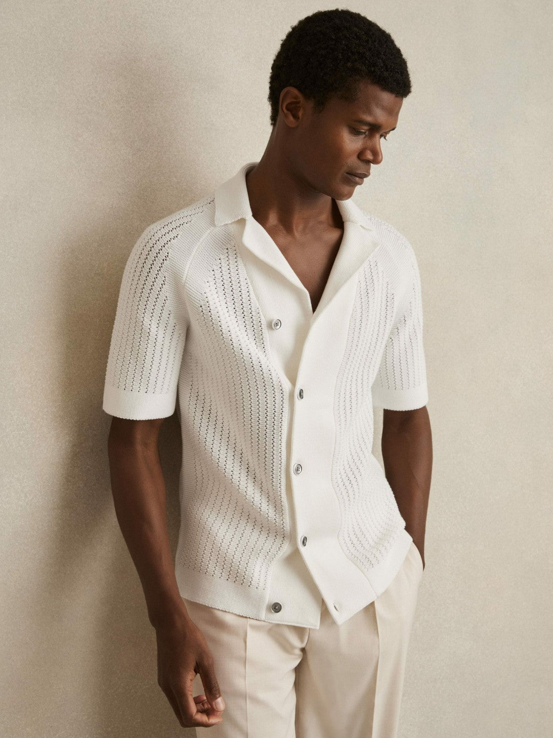 Cotton Textured-Knit Cuban-Collar Shirt in White