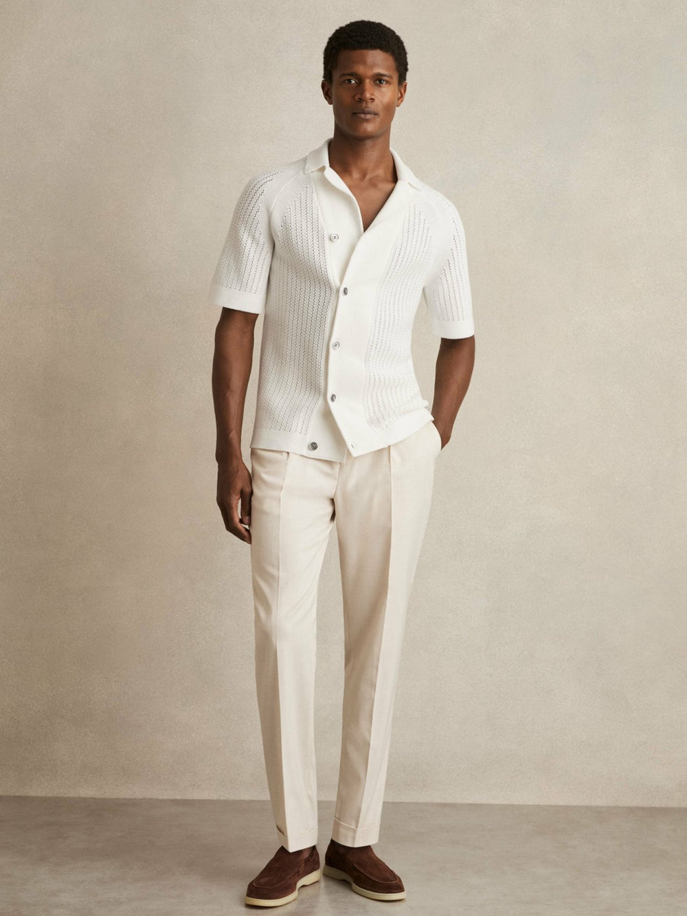 Cotton Textured-Knit Cuban-Collar Shirt in White