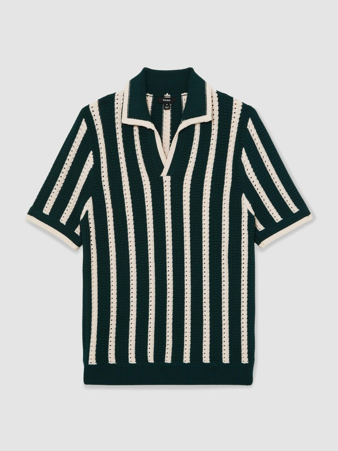 Cotton Blend Stripe Knit Polo Shirt in Dark Teal Green/Ecru