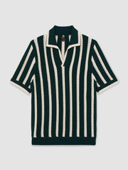 Cotton Blend Stripe Knit Polo Shirt in Dark Teal Green/Ecru