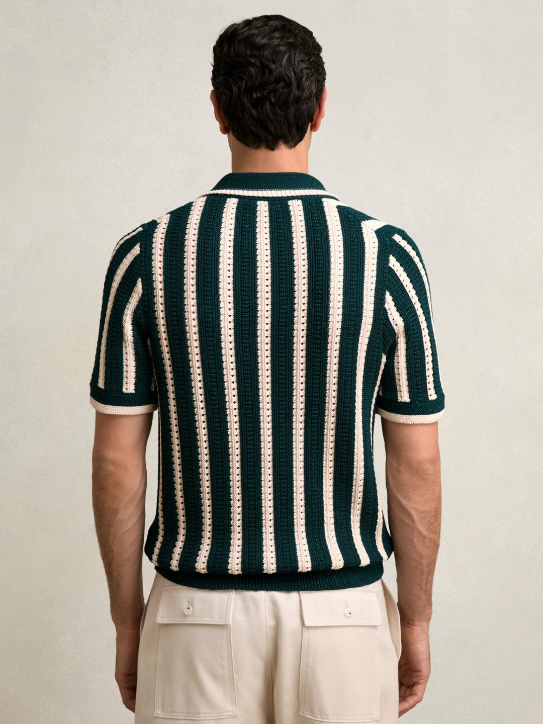 Cotton Blend Stripe Knit Polo Shirt in Dark Teal Green/Ecru