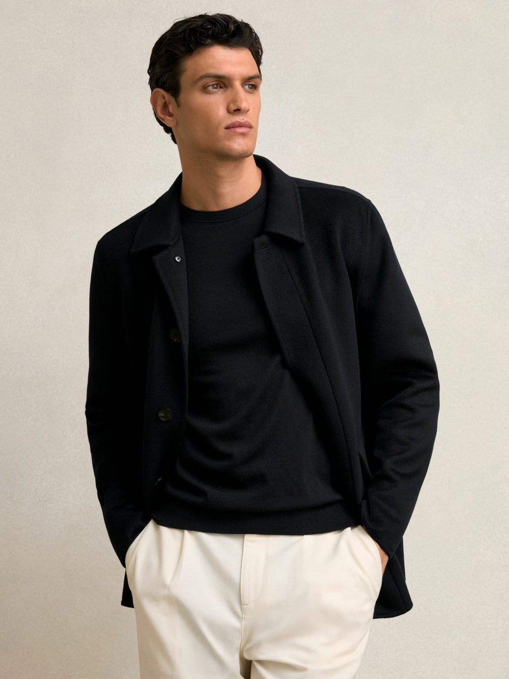 Wool Blend Double Face Button Jacket in Navy