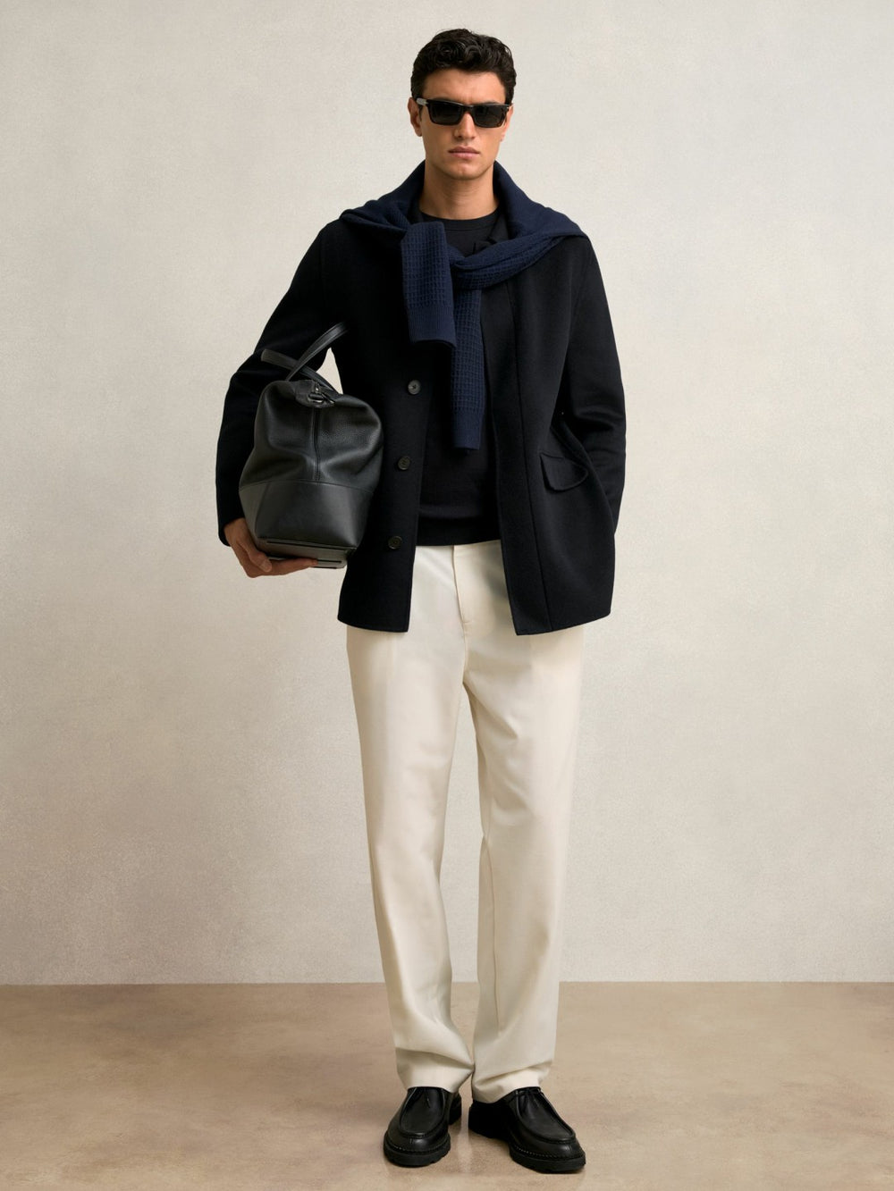 Wool Blend Double Face Button Jacket in Navy
