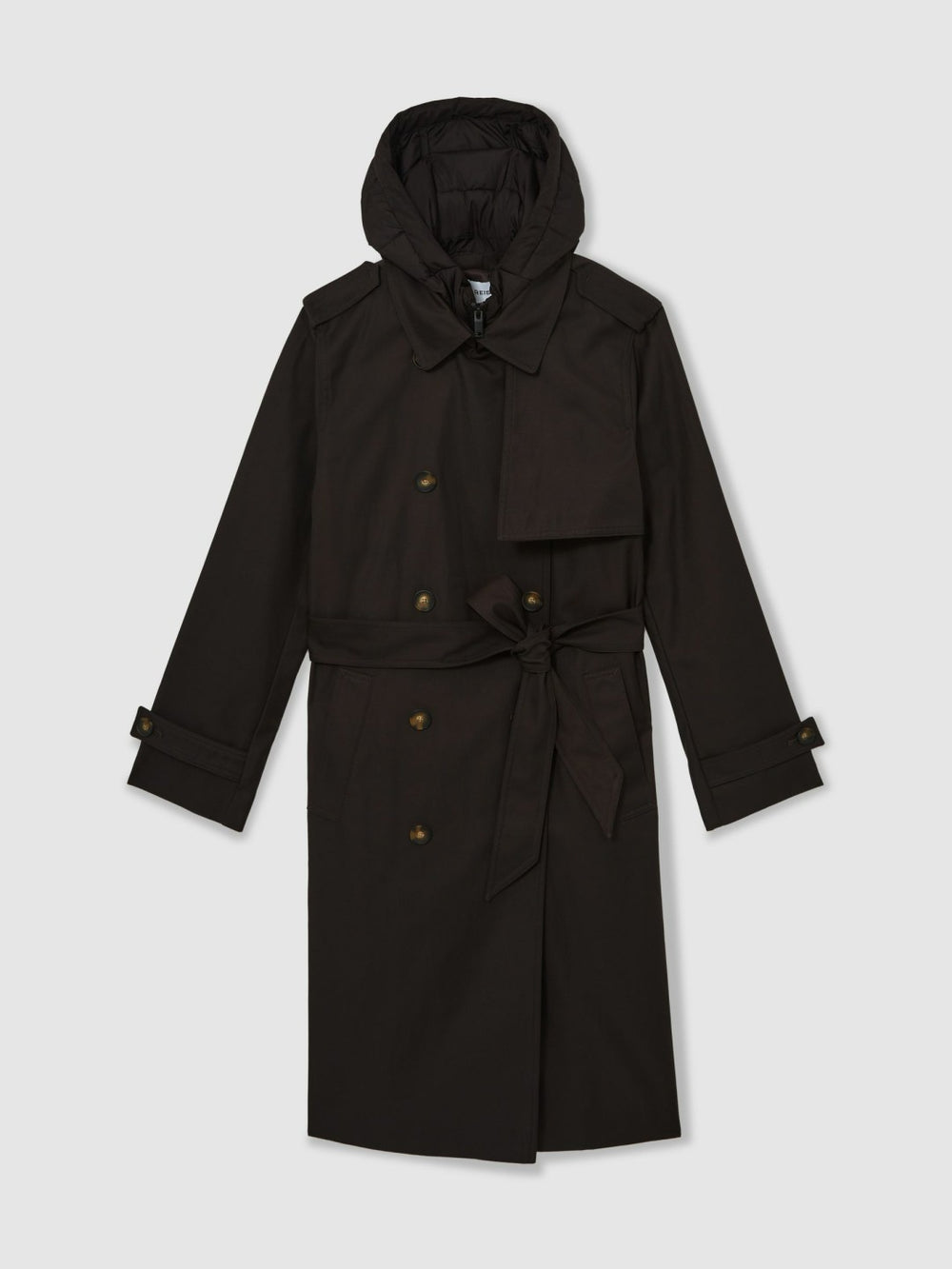 Petite Hooded Insert Trench Coat in Chocolate Brown