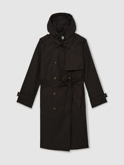 Petite Hooded Insert Trench Coat in Chocolate Brown
