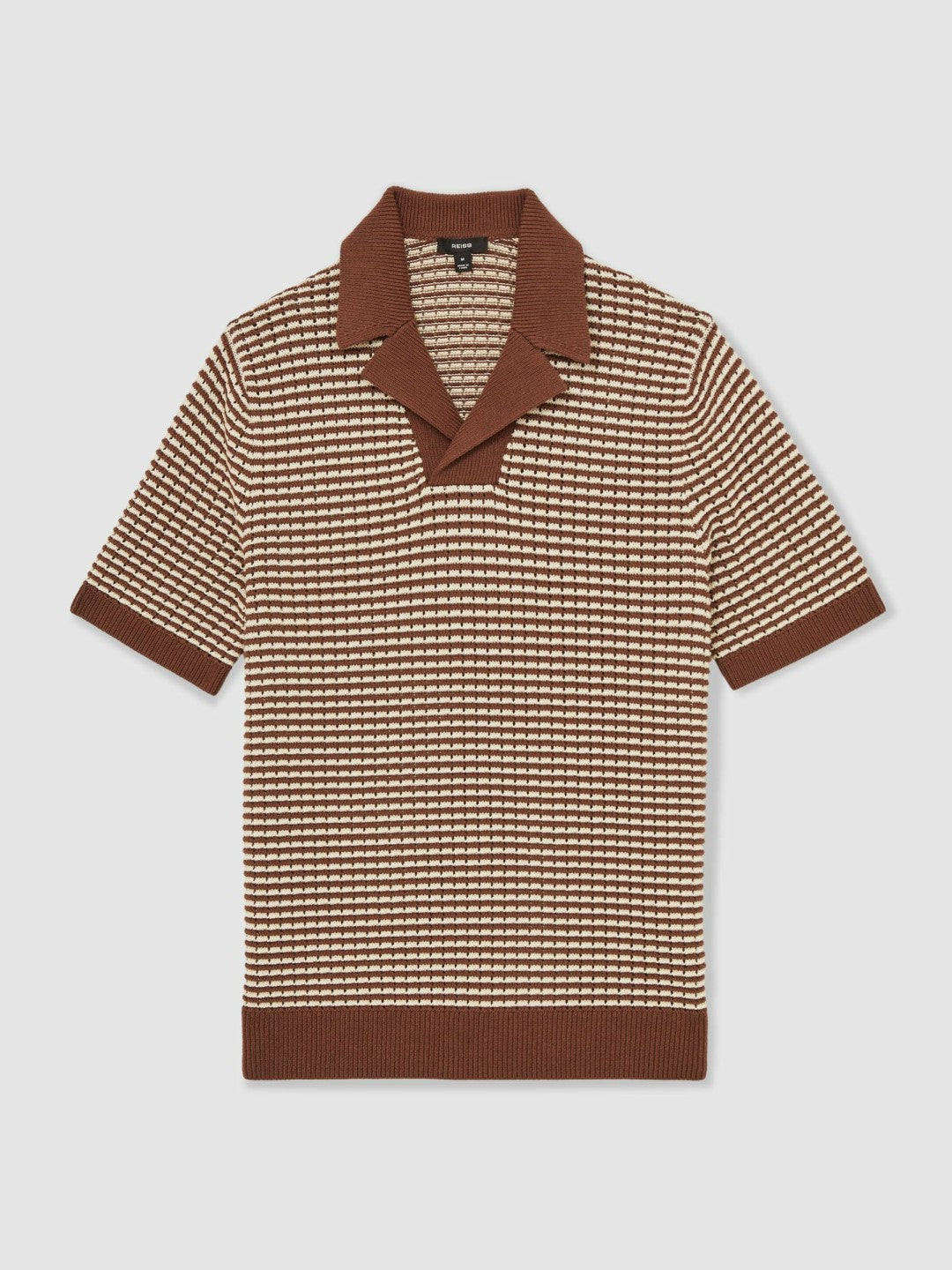 Cotton Textured Knit Stripe Polo Shirt in Tobacco Brown/ Off White