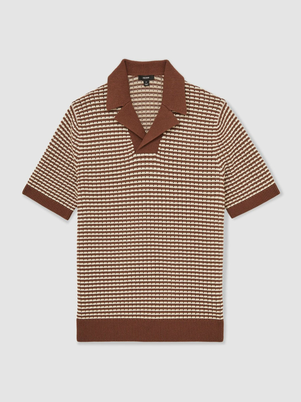 Cotton Textured Knit Stripe Polo Shirt in Tobacco Brown/ Off White
