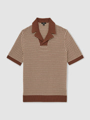 Cotton Textured Knit Stripe Polo Shirt in Tobacco Brown/ Off White