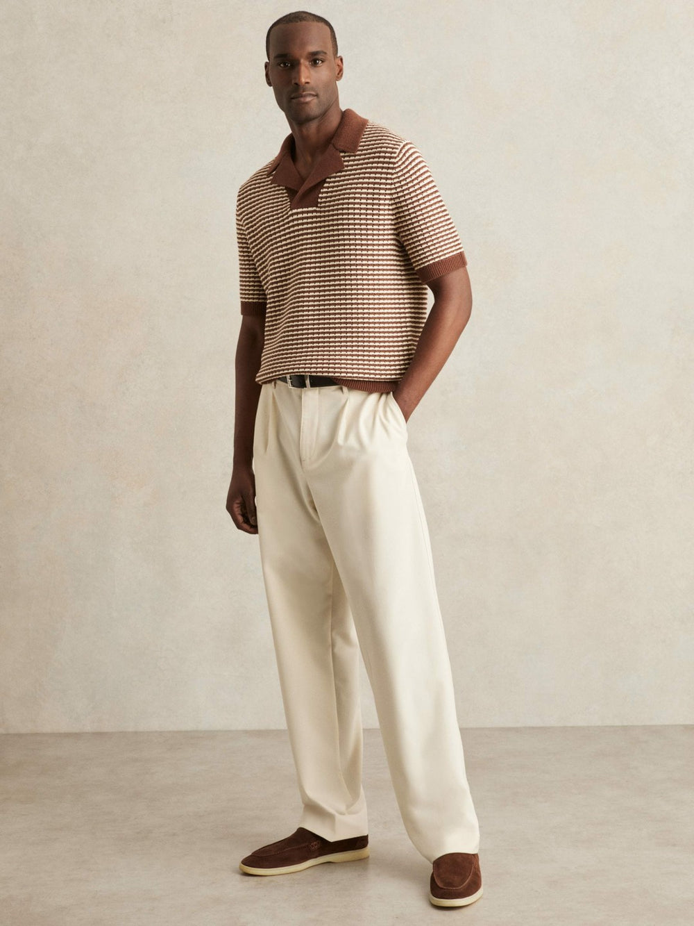 Cotton Textured Knit Stripe Polo Shirt in Tobacco Brown/ Off White