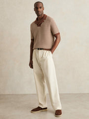 Cotton Textured Knit Stripe Polo Shirt in Tobacco Brown/ Off White