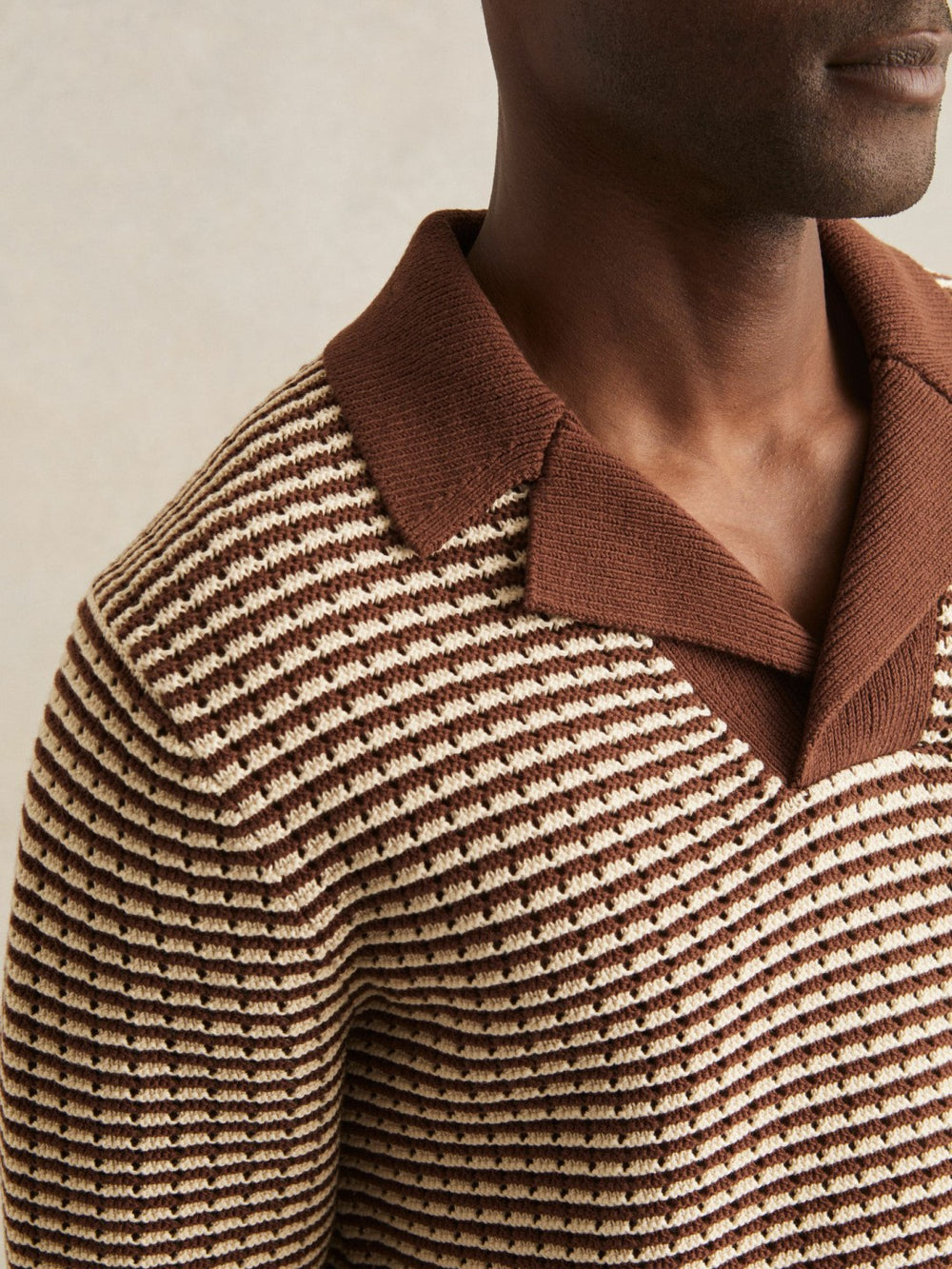 Cotton Textured Knit Stripe Polo Shirt in Tobacco Brown/ Off White