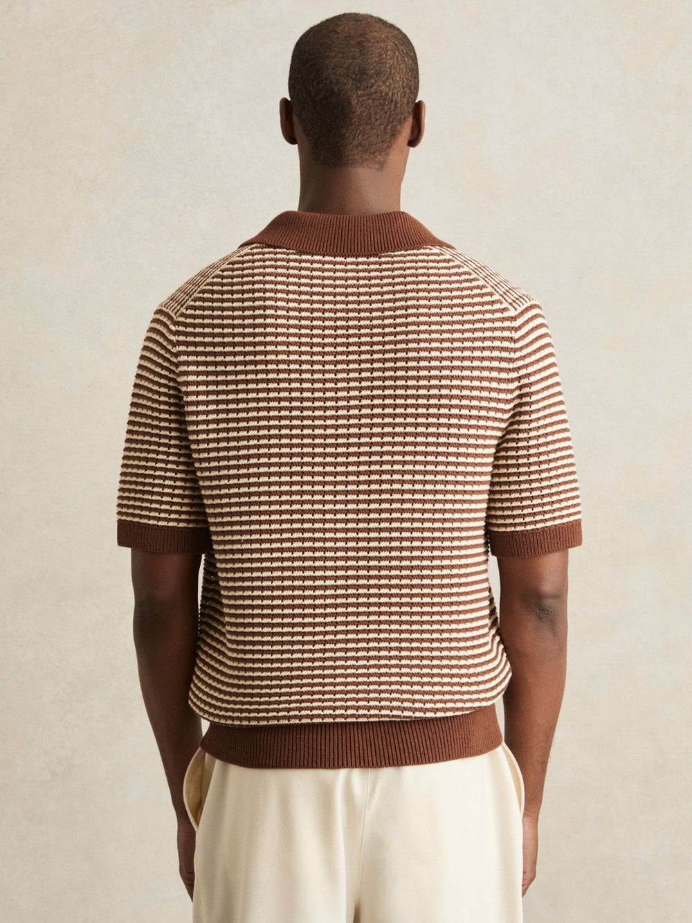 Cotton Textured Knit Stripe Polo Shirt in Tobacco Brown/ Off White