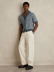 Cotton Checkerboard-Knit Shirt in Airforce Blue/Soft Blue