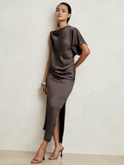 Satin Asymmetric Draped Midi Dress in Mauve