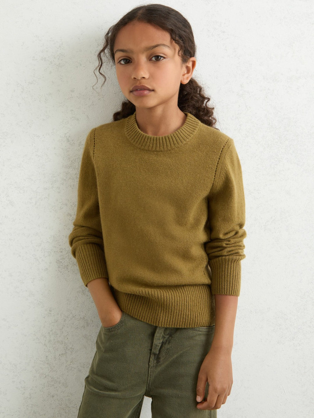 13-14 yrs Wool-Blend Open-Stitch Jumper with Cashmere in Khaki Green
