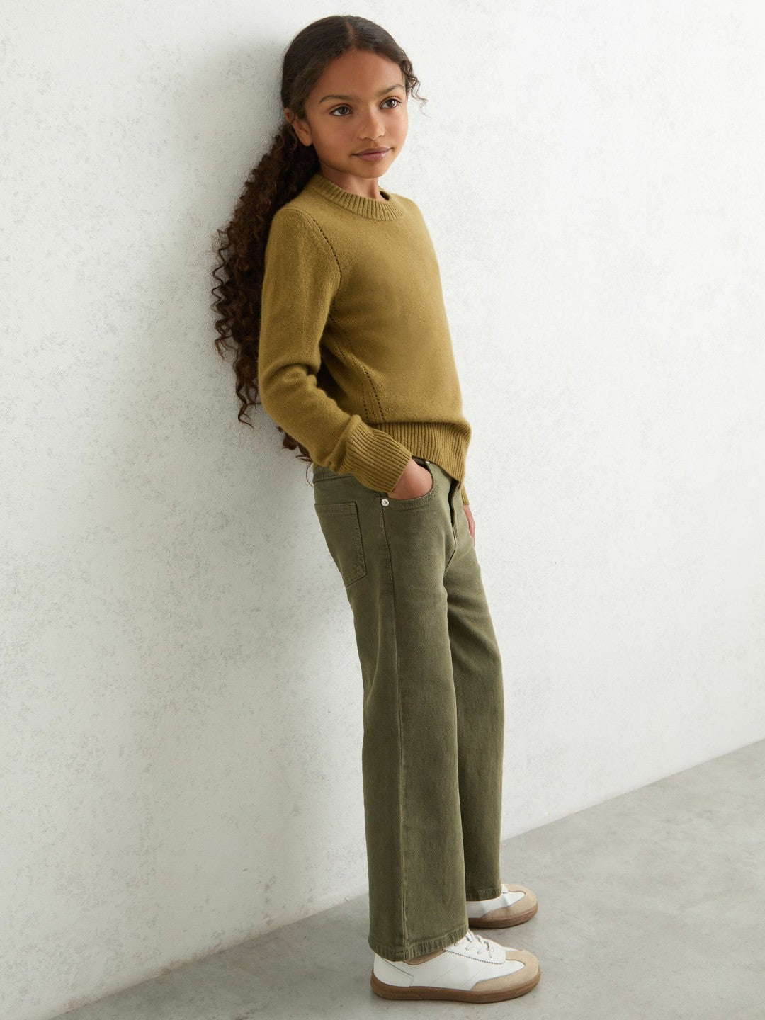 13-14 yrs Wool-Blend Open-Stitch Jumper with Cashmere in Khaki Green