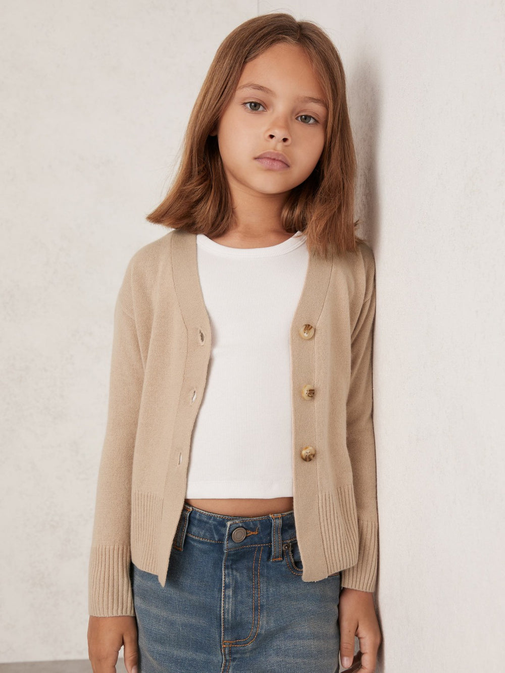 9-13 yrs Wool-Blend Fitted Cardigan With Cashmere in Neutral