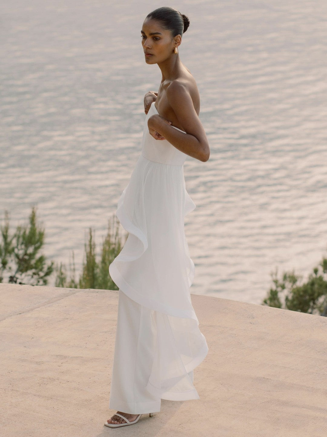 Silk Ruffle Bandeau Wide-Leg Jumpsuit in Ivory