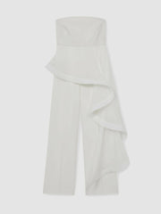 Silk Ruffle Bandeau Wide-Leg Jumpsuit in Ivory