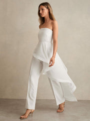 Silk Ruffle Bandeau Wide-Leg Jumpsuit in Ivory